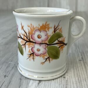 Vintage White Pink Floral Green Leaves Gold Trim Shaving Mug Cup Decor